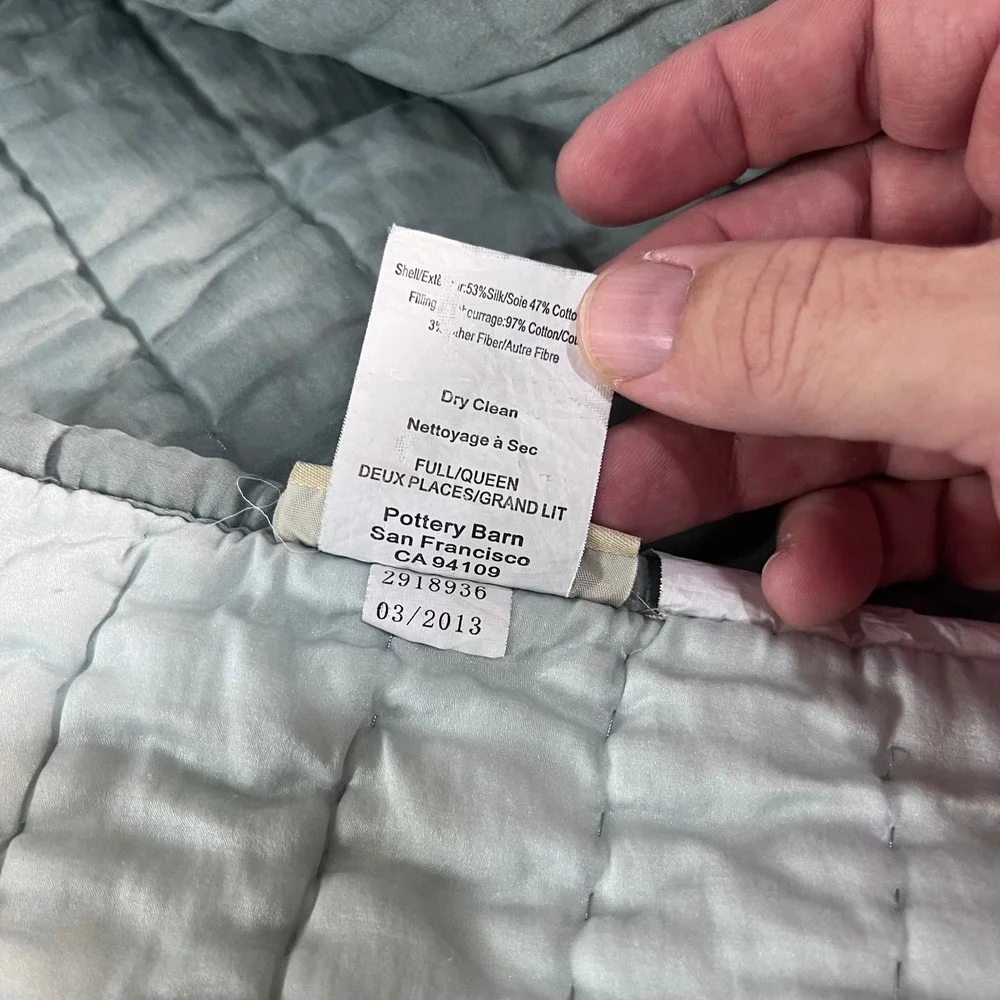 Pottery Barn Quilt Full/Queen Dusty Blue Silk Cotton Blend Channel Quilted